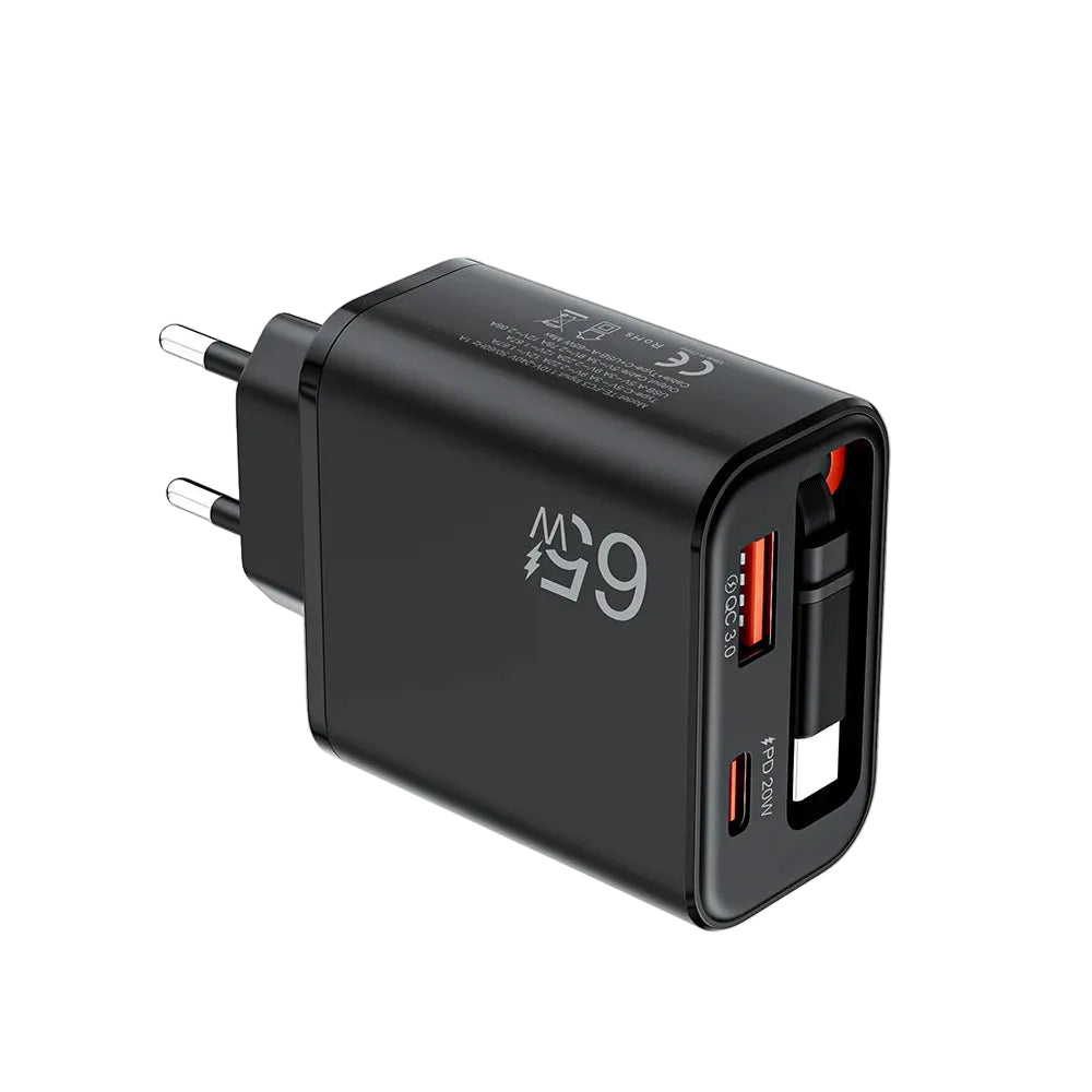 Carregador Turbo 65W USB com Cabo USB-C Retrátil – Carregamento Super Rápido PD e QC 3.0 para iPhone, Xiaomi, POCO e Mais