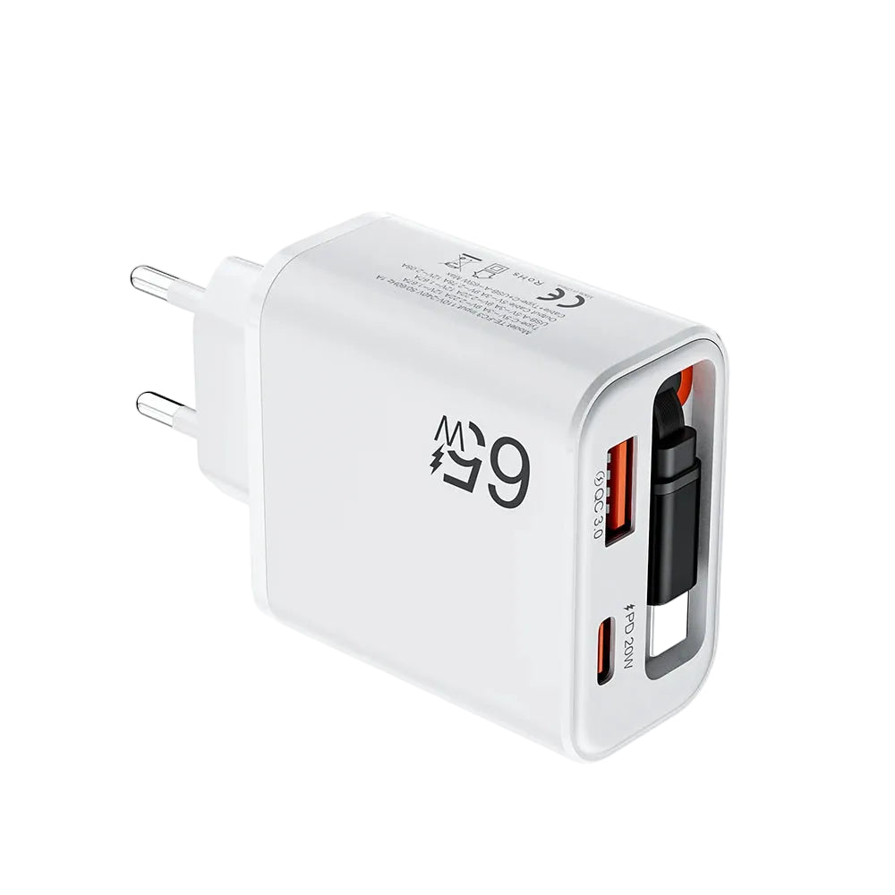 Carregador Turbo 65W USB com Cabo USB-C Retrátil – Carregamento Super Rápido PD e QC 3.0 para iPhone, Xiaomi, POCO e Mais