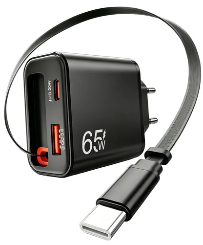 Carregador Turbo 65W USB com Cabo USB-C Retrátil – Carregamento Super Rápido PD e QC 3.0 para iPhone, Xiaomi, POCO e Mais