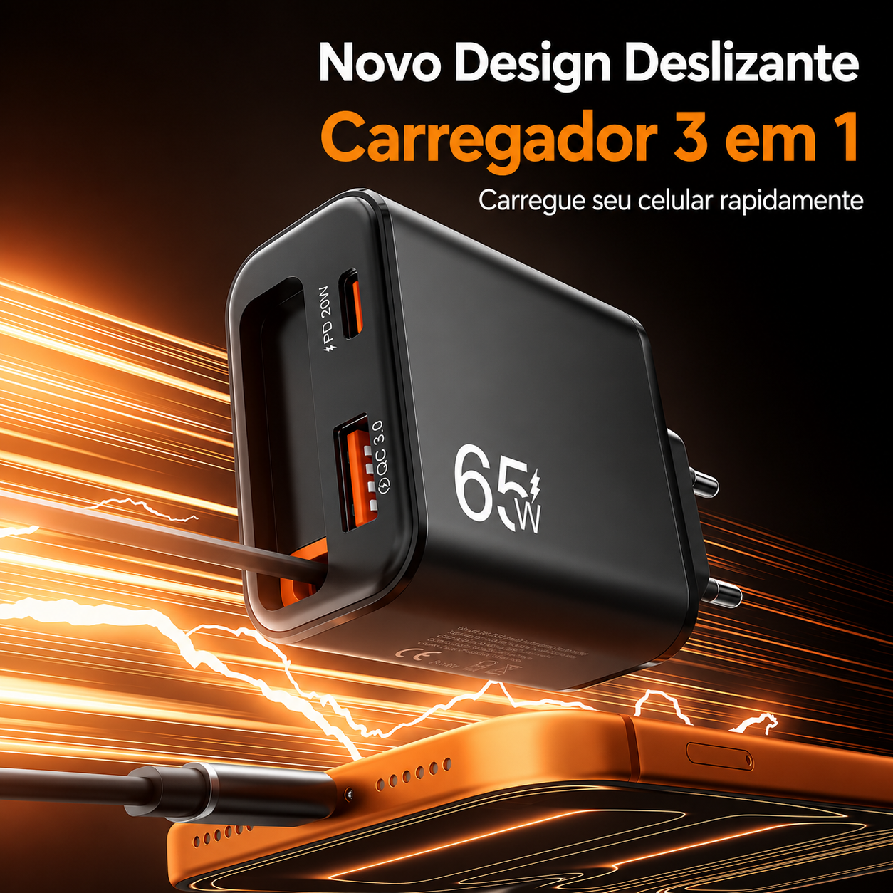 Carregador Turbo 65W USB com Cabo USB-C Retrátil – Carregamento Super Rápido PD e QC 3.0 para iPhone, Xiaomi, POCO e Mais