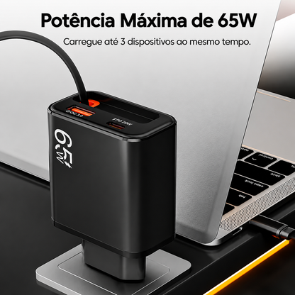 Carregador Turbo 65W USB com Cabo USB-C Retrátil – Carregamento Super Rápido PD e QC 3.0 para iPhone, Xiaomi, POCO e Mais